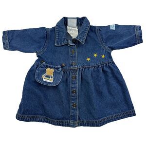 Little Me Denim Dress Size 3 Months Embroidered Bear Removable Pocket